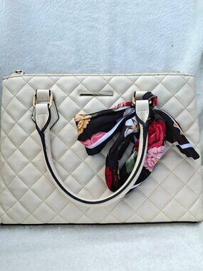 ALDO Cream Vegan Leather Quilted Satchel Multi-Compartment Handbag With Scarf